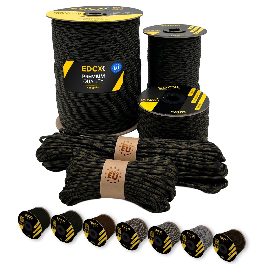 EdcX Paracord 4mm, 20+ Military Colors (15m, 30m, 50m, 100m, 300m) | Ideal for Camping, Survival, Outdoor, Crafting, DIY | 100% Nylon Rope 4mm | Tactical Cord 550 Type III (Black Forest, 15 m) — image 1