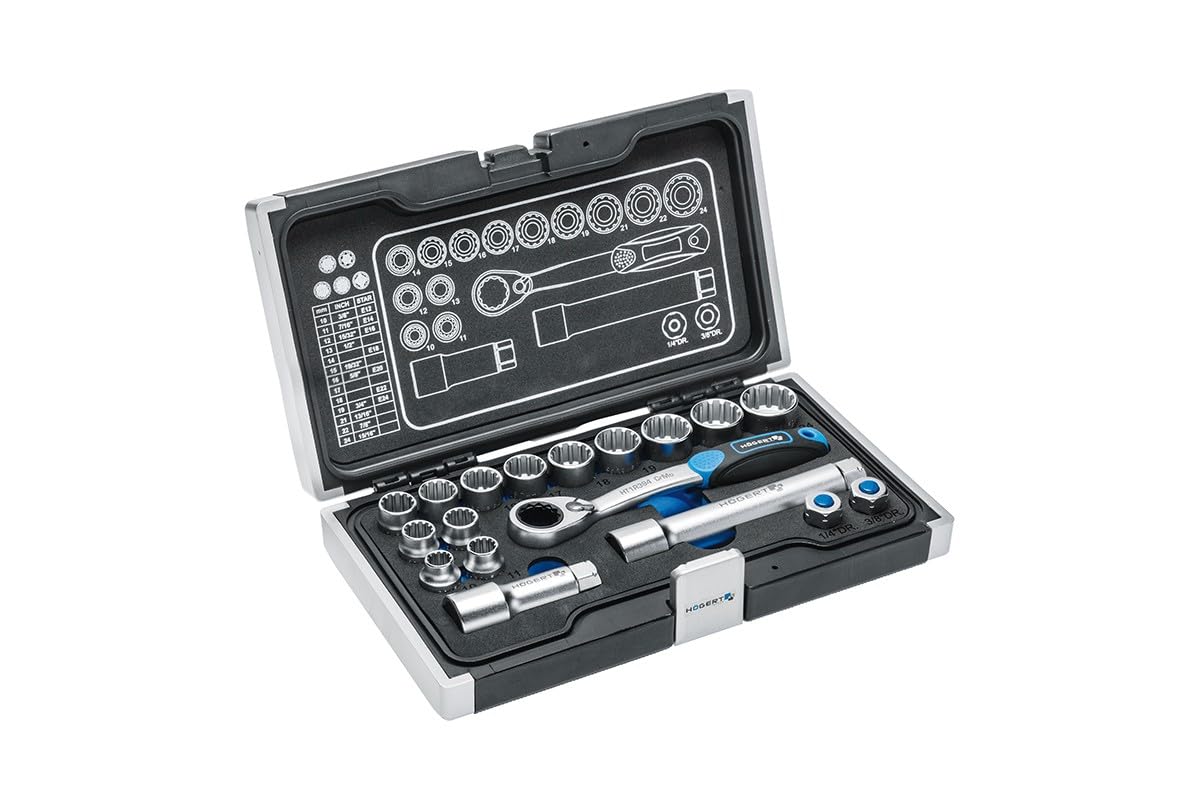 Högert Technik - 18 Piece Tool Set Tool Case Socket Wrench and Accessory Set, Cr-V, Deformation-Resistant, Ratchet Mechanism with 60 Pawls Set for DIY Enthusiasts Garage, Household