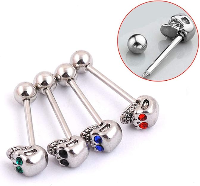 TENDYCOCO 4 unids Diamantes de Calavera Anillos de lengüeta Barbell Piercing Barras de Lengua Body Percing Joyería