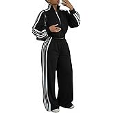 CHICME Womens 2 Piece Outfits Spring 2026 Casual Striped Tracksuit Sets Crop Zip Shirt Sporty Wide Leg Pants