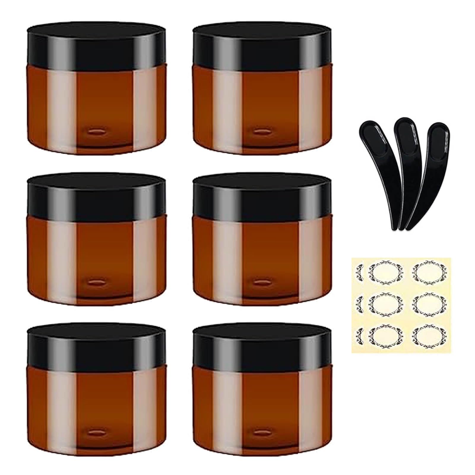 Apstaqeoo Round Cosmetic Containers - 6Pcs 100ML Empty Amber Plastic Jars With Black Lids, 3 Spatula & 6 Labels - Refillable Travel Jars for Lotion, Ointments, Creams, Gel Storage