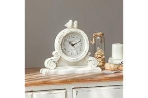 NIKKY HOME Vintage Mantel Table Clock with 2 Birds, Silent Non-Ticking Battery Operated Desk Shelf Rustic Wooden Clock for Living Room Decor - Distressed White