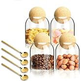 IBEQUEM 4PCS Glass Jar Storage Container with Ball Cork | 500ML/17Oz Food Storage Containers Clear Wood Cork Bottle Candy Cof