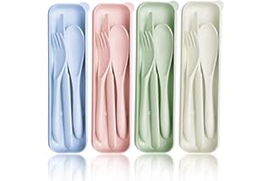 JNNZZGGU 4 Sets Wheat Straw Cutlery,Portable Cutlery Spoon Knife Fork Tableware Set with Case for Adults Travel Picnic Camping Daily Use,Eco-Friendly BPA Free,4 Colors