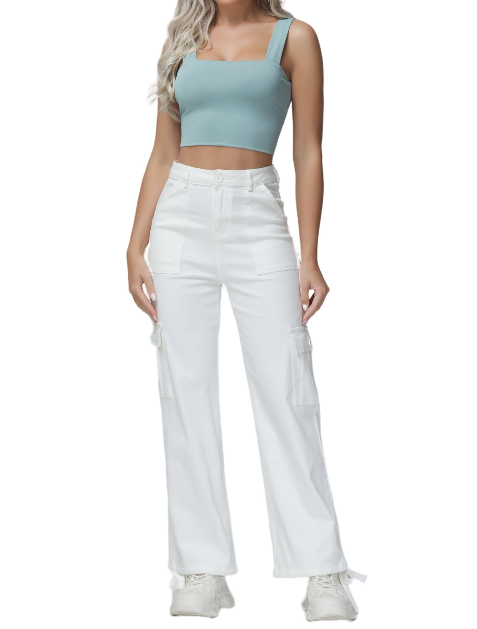 Photo 1 of OKilr Pjik High Waisted White Cargo Pants Women Wide Leg Y2K Baggy Stretchy Casual Pants Straight Slacks Trouser Streetwear Drawstring Ankle Cuffs with 6 Pockets,420-1, Size16