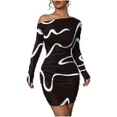 SOLY HUX Women's Off The Shoulder Bodycon Mini Dress Printed Asymmetrical Neck Long Sleeve Ruched Dresses