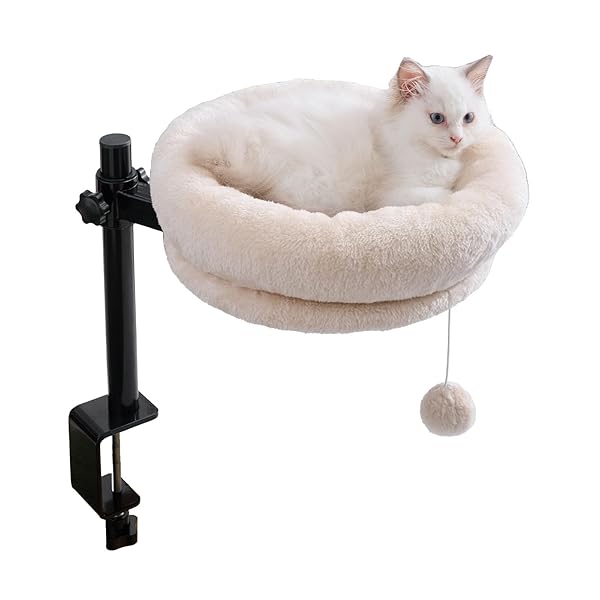 BYBYME CAT DESK BED FOR INDOOR CATS, KITTY BED FOR DESK SUPPORTS 44 LBS, 360° ROTATION & ADJUSTABLE, SOFT CAT NEST DESKTOP WITH HANGING BALL FOR OFFICE DESKS HOME TABLES, 12″ IN DIAMETER（WHITE）