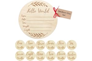KEMINA BLANKETS Wooden Baby Announcement Sign for Newborn, Large 6 inch Hello World Newborn Name Sign for Hospital Birth Announcement, Newborn Photography Props for Boys and Girls (Hello World Milestone Disc Set )