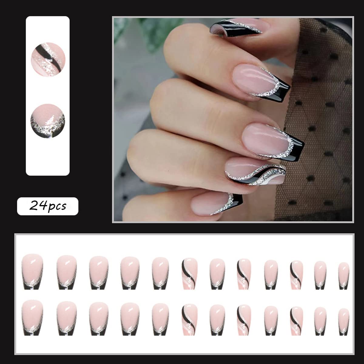 24PCS Black French Tip Glossy Coffin Nails With Silver Glitter Line Designs - Medium Length Square Fake Nails Full Cover - Artificial Acrylic False Glue On Nails - Image 2