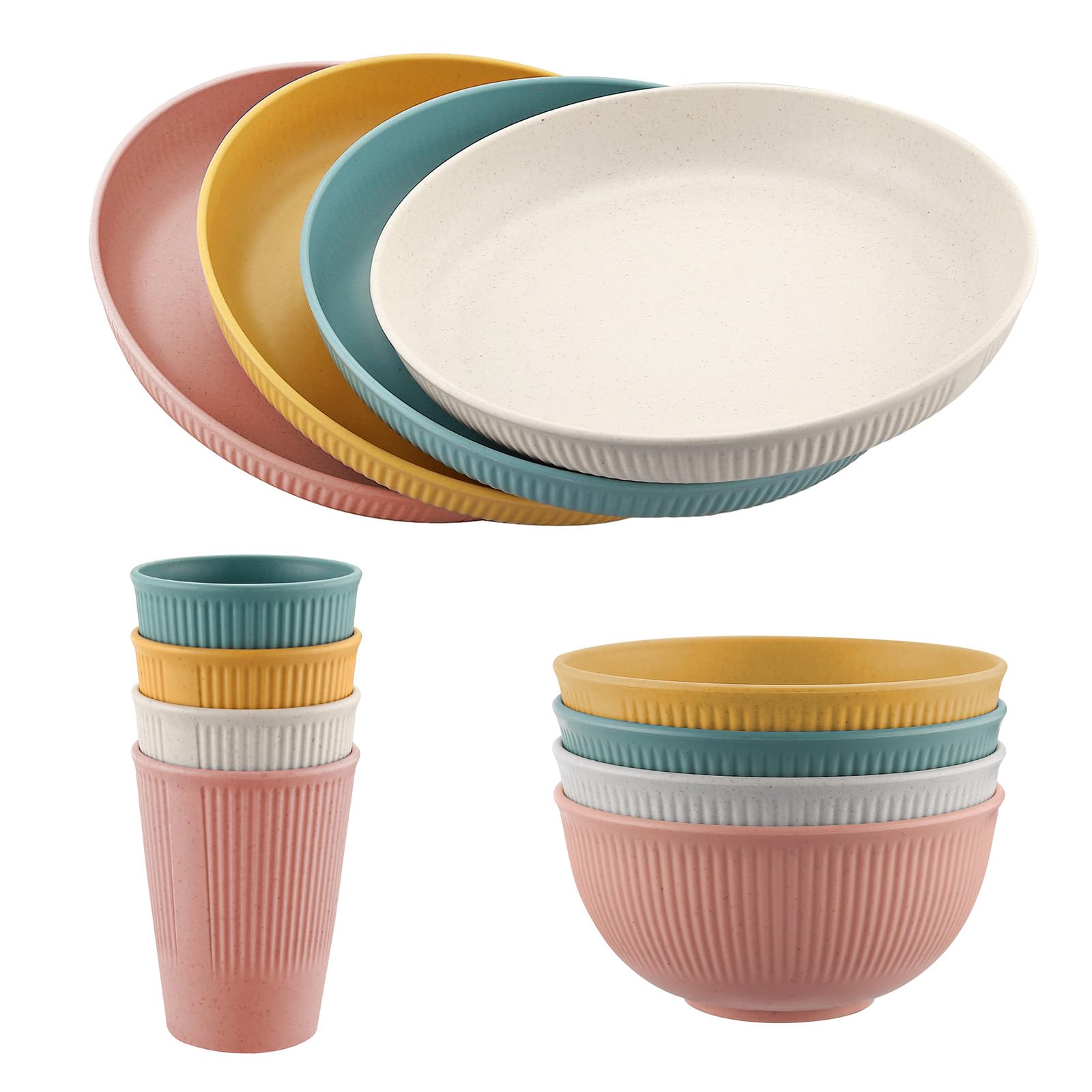 FUNYKICH 12PCS Plastic Plates and Bowls Set, Lightweight Camping Plates and Bowls Set, Unbreakable Dinner Set with Dessert Plates, Bowls, Cups, Camping Crockery Set Dishwasher & Microwave Safe