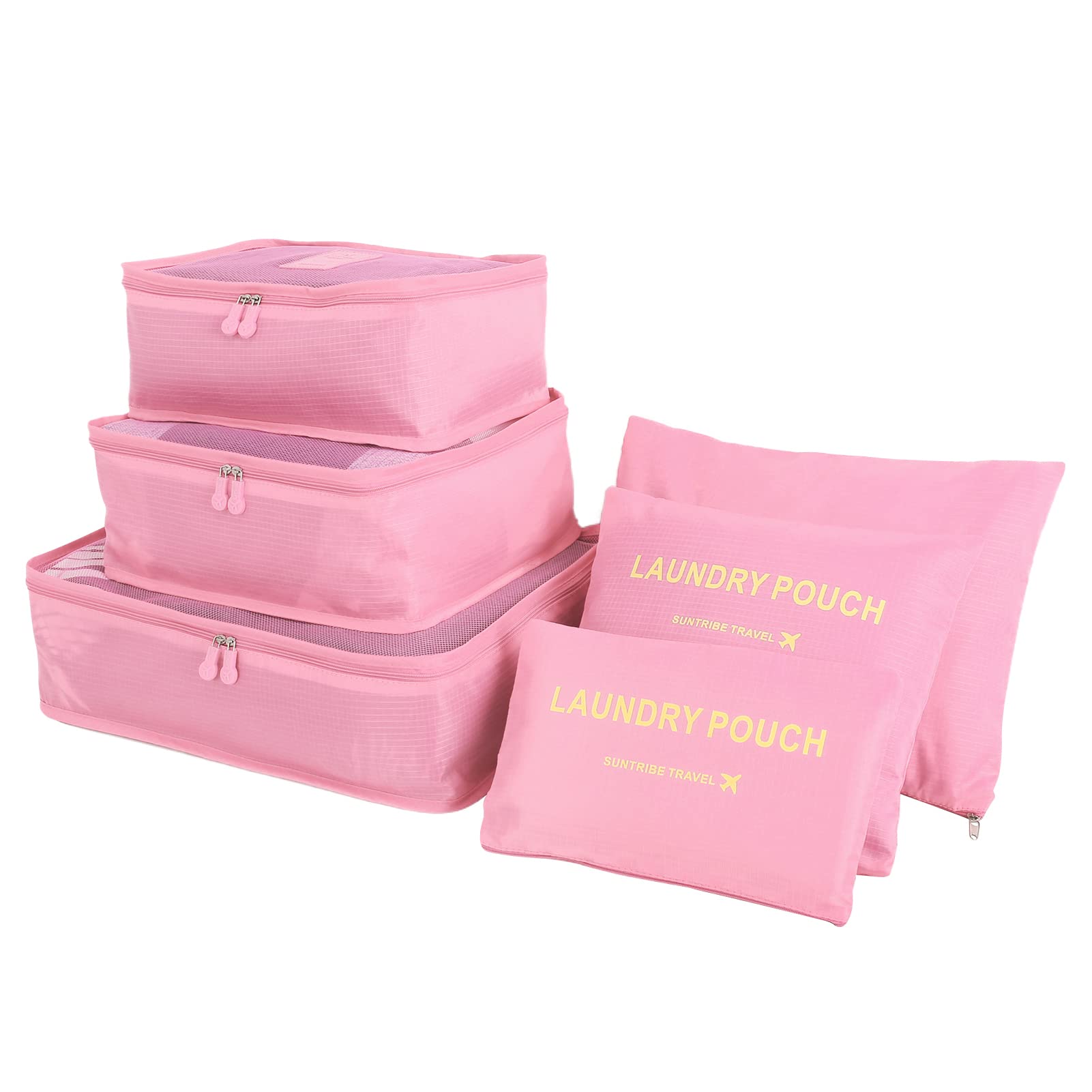 Teynewer 6PCS Travel Organiser Packing Bags Packing Cubes Set Durable Luggage Organisers Suitcase Storage Bags Compression Pouches for Travel Accessories, Pink