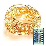 COOWOO Outdoor String Lights, Waterproof Starry Lights String Copper Wire Lights with Remote Control for Bedroom, Patio,Christmas Tree,Wedding,Party,Decorations (150 Leds, 50 ft, Warm White Dimmable)