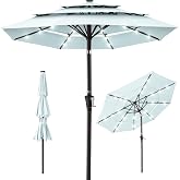 Best Choice Products 10ft 3-Tier Solar Patio Umbrella, Outdoor Market Sun Shade for Backyard, Deck, Poolside w/ 24 LED Lights, Tilt Adjustment, Easy Crank, 8 Ribs - Baby Blue