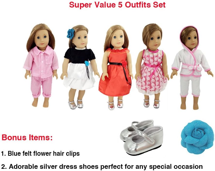 Weardoll Super Value 5 Outfits Plus Shoes American Girl Doll Clothes - 18 inch Doll Accessories Set Fits American Girl Doll, Our Generation, Journey Girls Dolls