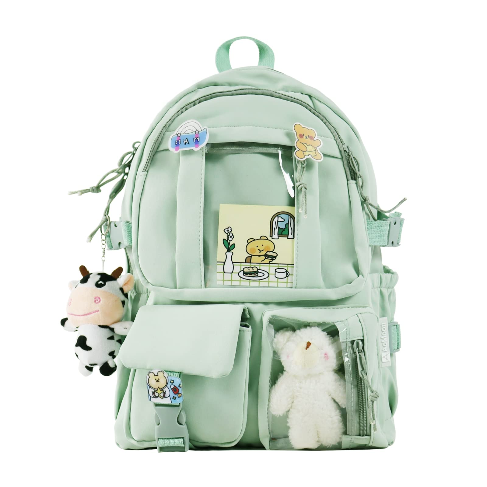 Photo 1 of AoMoon Kawaii Backpack Lovely Pastel Rucksack for Teen Girls Aesthetic Student Bookbags with Kawaii Pin and Cute Accessories (Light Green-C)