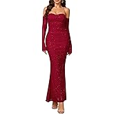 Parthea Women’s Sexy Sequin Sparkly Glitter Dresses Off Shoulder Long Sleeve Cocktail Evening Party Elegant Maxi Dress