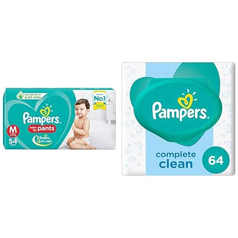 Pampers New Diapers Pants, Medium (54 Count) & Pampers Fresh Clean Baby Wipes (64 Count)