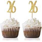 Gold Happy 26th Birthday Cupcake Topper, 24-Pack Number 26 Glitter Birthday Party Cupcake Toppers, Decorations