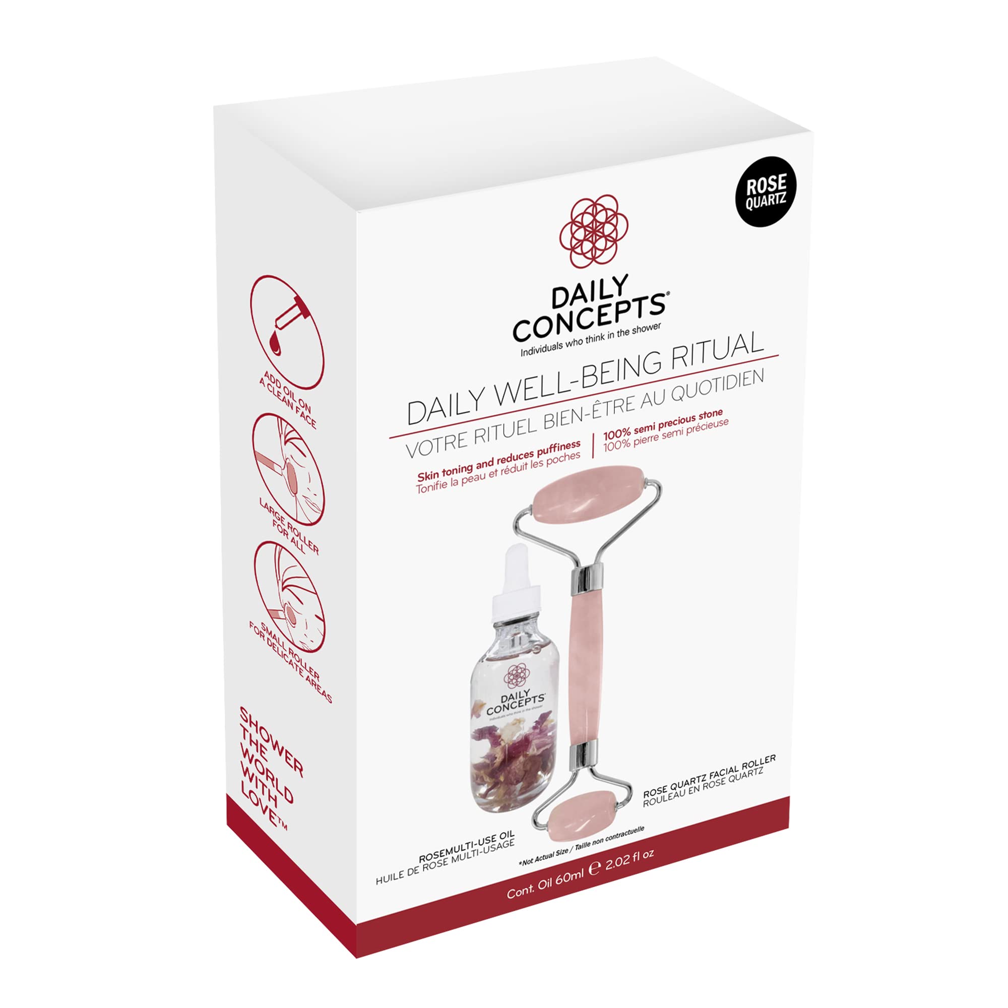 Daily Concepts Daily Giftset Quartz Facial Roller, Face Massager, Jade Stone Facial Roller for Eye Puffiness Treatment, Skin Tightening, Rejuvenate Face & Neck, with Rose Oil 227g