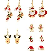6 Pairs Christmas Earrings for Women, Xmas Holiday Dangle Earrings Christmas Tree Bells Santa Claus Bows Snowflakes Reindeer Gingerbread People Socks Studs Earrings Bulk Cute Christmas Party Jewelry Gift