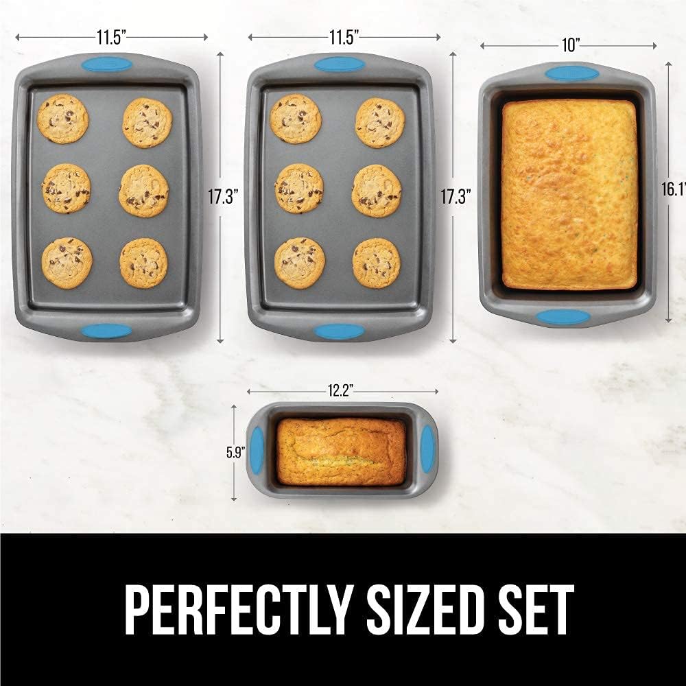 Gorilla Grip Bakeware Sets, Nonstick, Heavy Duty Carbon Steel, 4 Piece Kitchen Baking Set with Silicone Handles, 2 Large Size Cookie Sheets, 1 Medium Sized Oven Roaster Pan and 1 Loaf Pan, Aqua: Kitchen & Dining