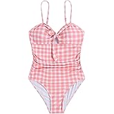 Floerns Girl's Gingham Print Ruched Cut Out Knot Front One Piece Swimsuit