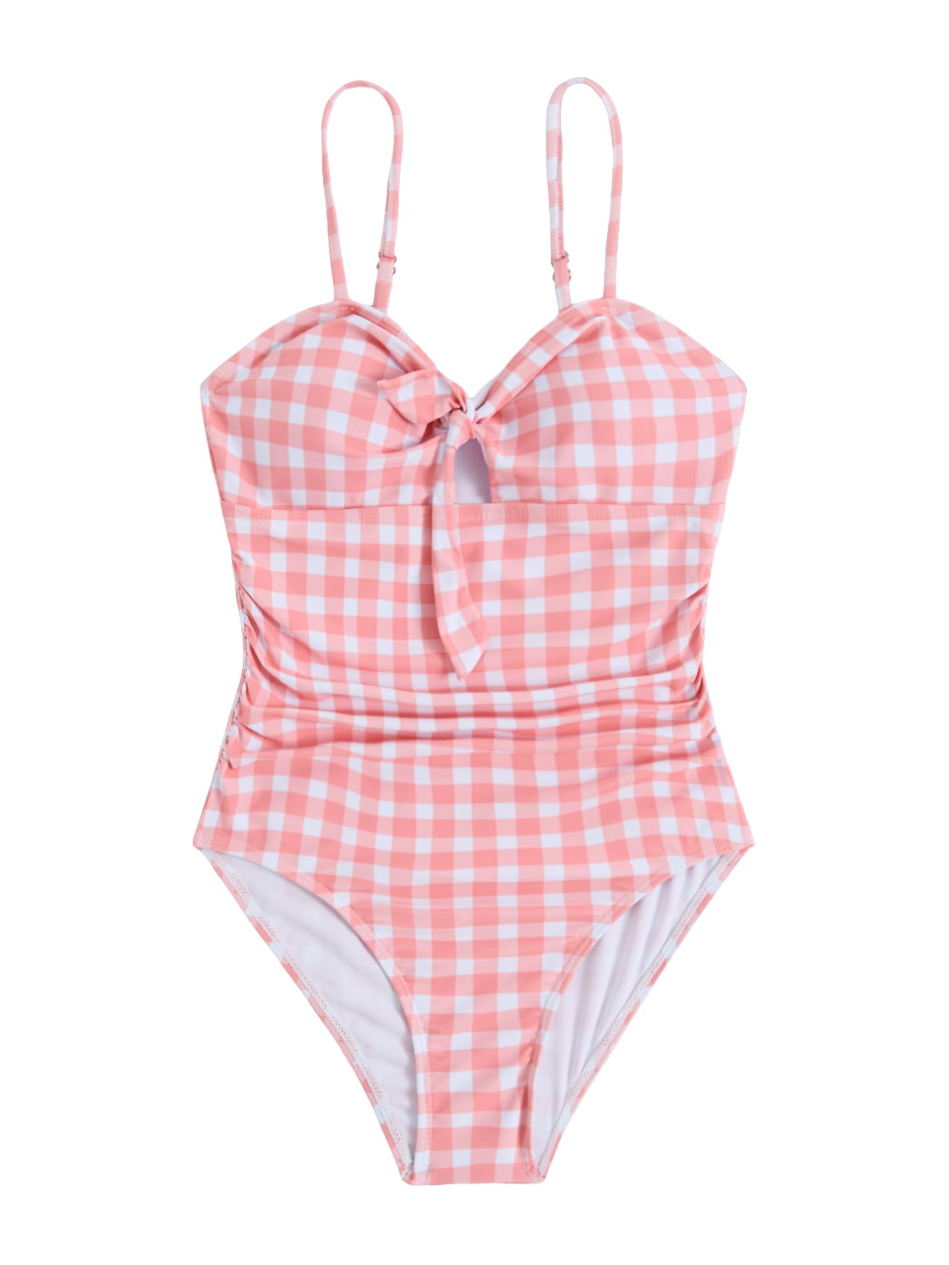 Photo 1 of Floerns Girl's Gingham Print Ruched Cut Out Knot Front One Piece Swimsuit Orange 12Y