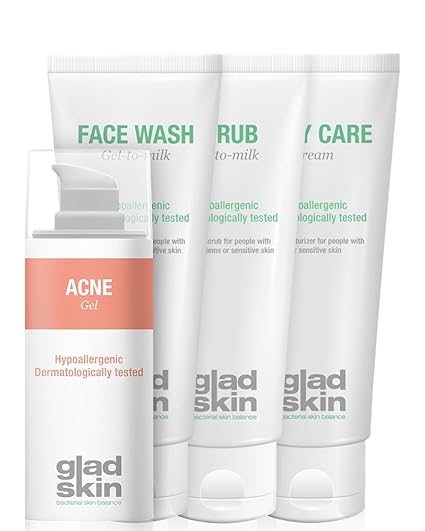 Gladskin Acne Gel 30ml & Face Wash 75ml & Scrub 75ml & Daily Care 75ml Care Set (Kombi-Packung) – reduziert entzündete Pickel