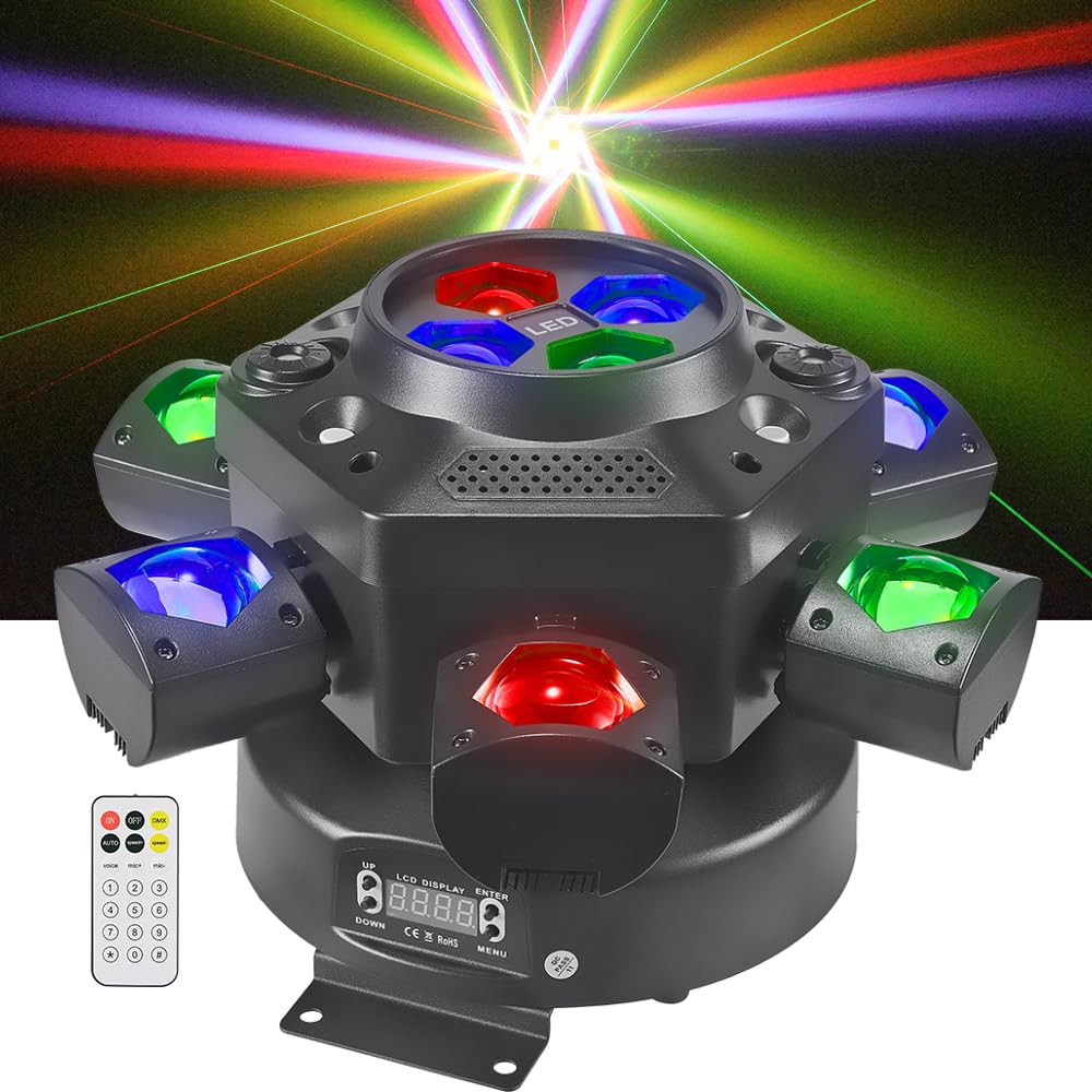 Photo 1 of (missing remote) Moving Head DJ Lights, Olaalite 150W LED Stage Light 4-in-1 RGBW with 6 Arms Beam, Bee-Eyes Effect, Red Green Starry, White