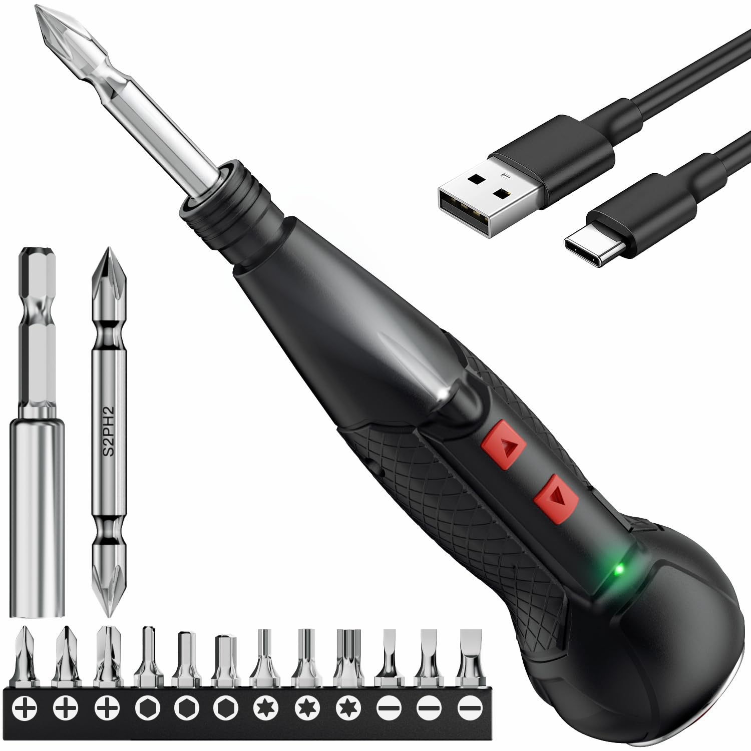 AAL 電動ドライバー 小型 携帯 手持ち Type-C USB充電式 人間工学設計 滑り止め 軽量 手動兼用 高輝度LEDライト 正逆転切り替え 初心者対応 操作簡単 家庭用 DIY用 合金製 ビット 14本付 2025強化版商品画像