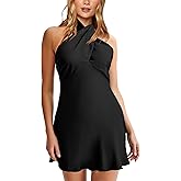 HYPERFIRE Women's Elegant Satin Mini Dress Criss Cross Halter Wedding Guest Dresses Short Formal Dress
