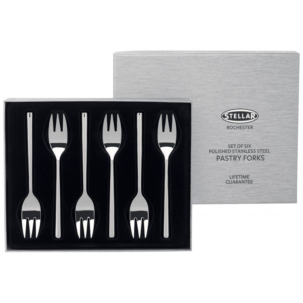 Stellar Rochester 6 Piece Stainless Steel Pastry Fork Set for 6 Place Setting, Gift Box, Dishwasher Safe — image 1