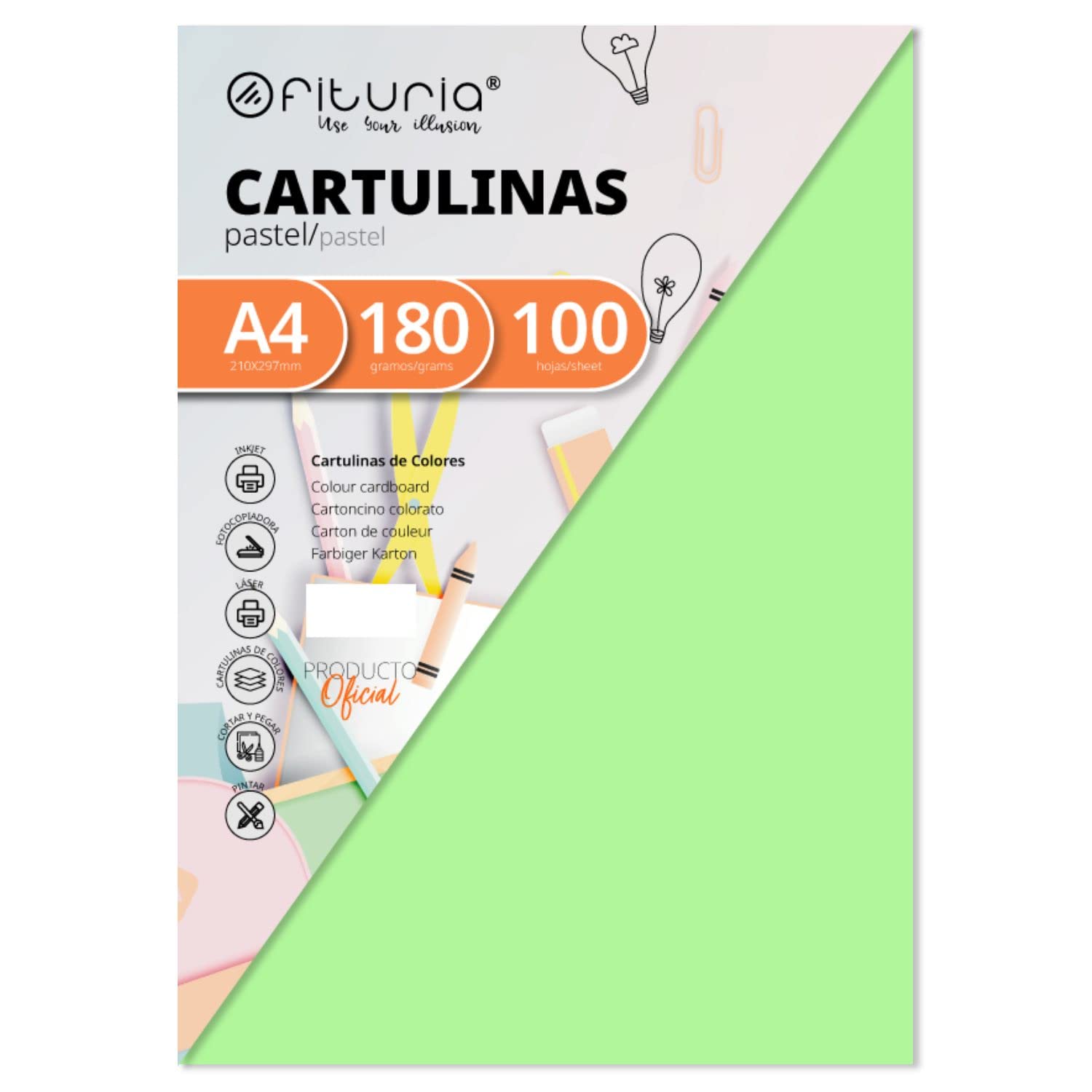 Pack of 100 Cartulinas Colour Verde Claro Tamaño A4 180 g