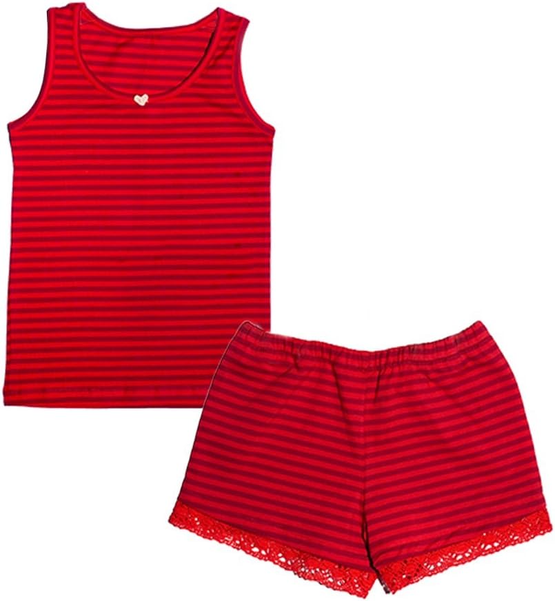 Antebies Girls Organic Turkish 100% Cotton red Striped Tank Top and Short Sets.