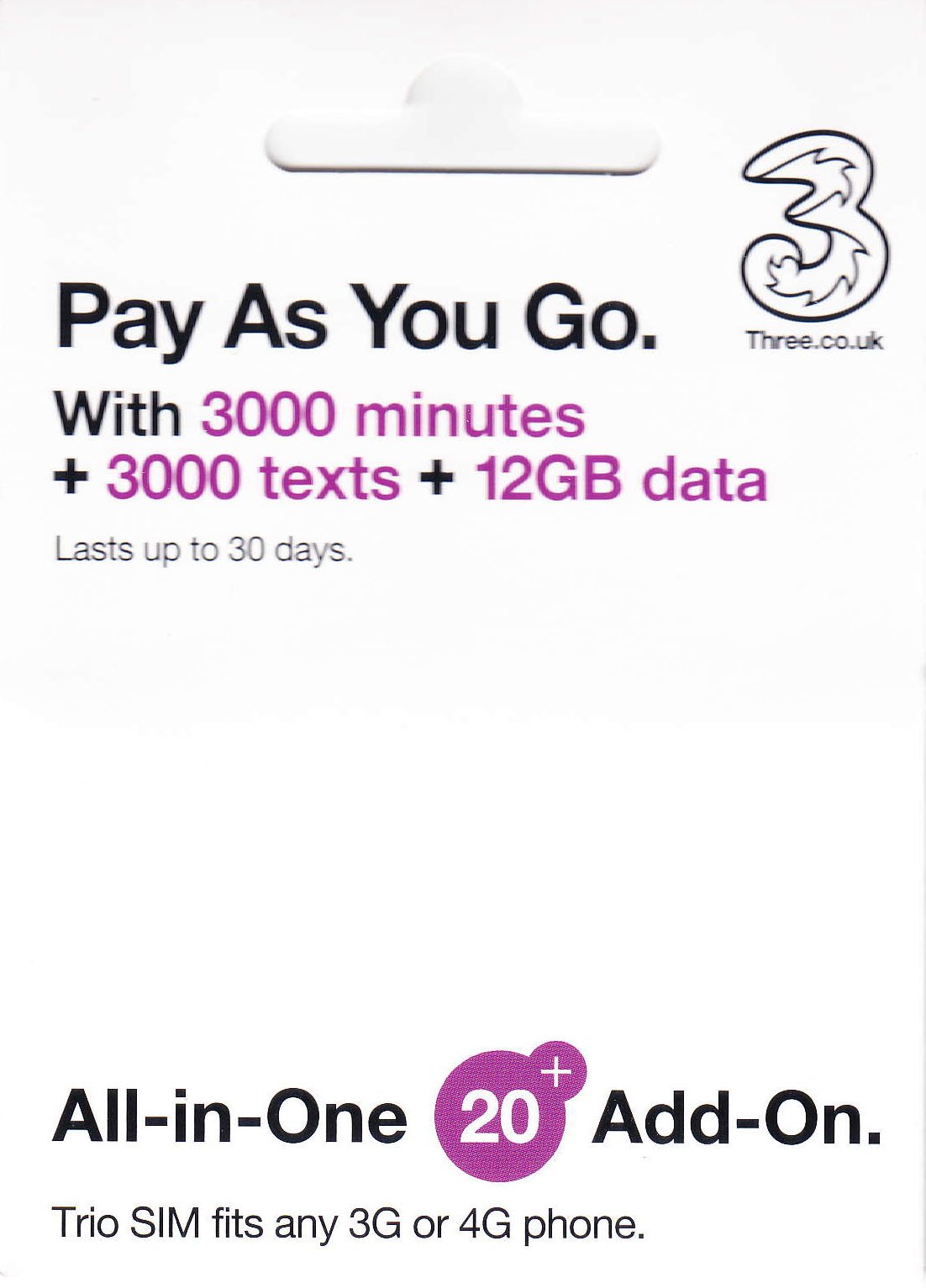 PrePaid Europe (UK THREE) sim card 12GB data+3000 minutes+3000 texts