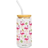 20oz Summer Glass Cup with Lid and Straw – Iced Coffee Tumbler with Colorful Tropical Design, Bamboo Lid & Reusable Glass Straw (Flamingo - 1 count)