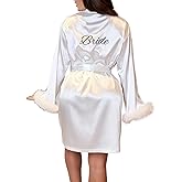 silkola Bridal Satin Robe with Faux Fox Fur Trim Long Sleeve Embroidery Luxury Wedding Day Robe