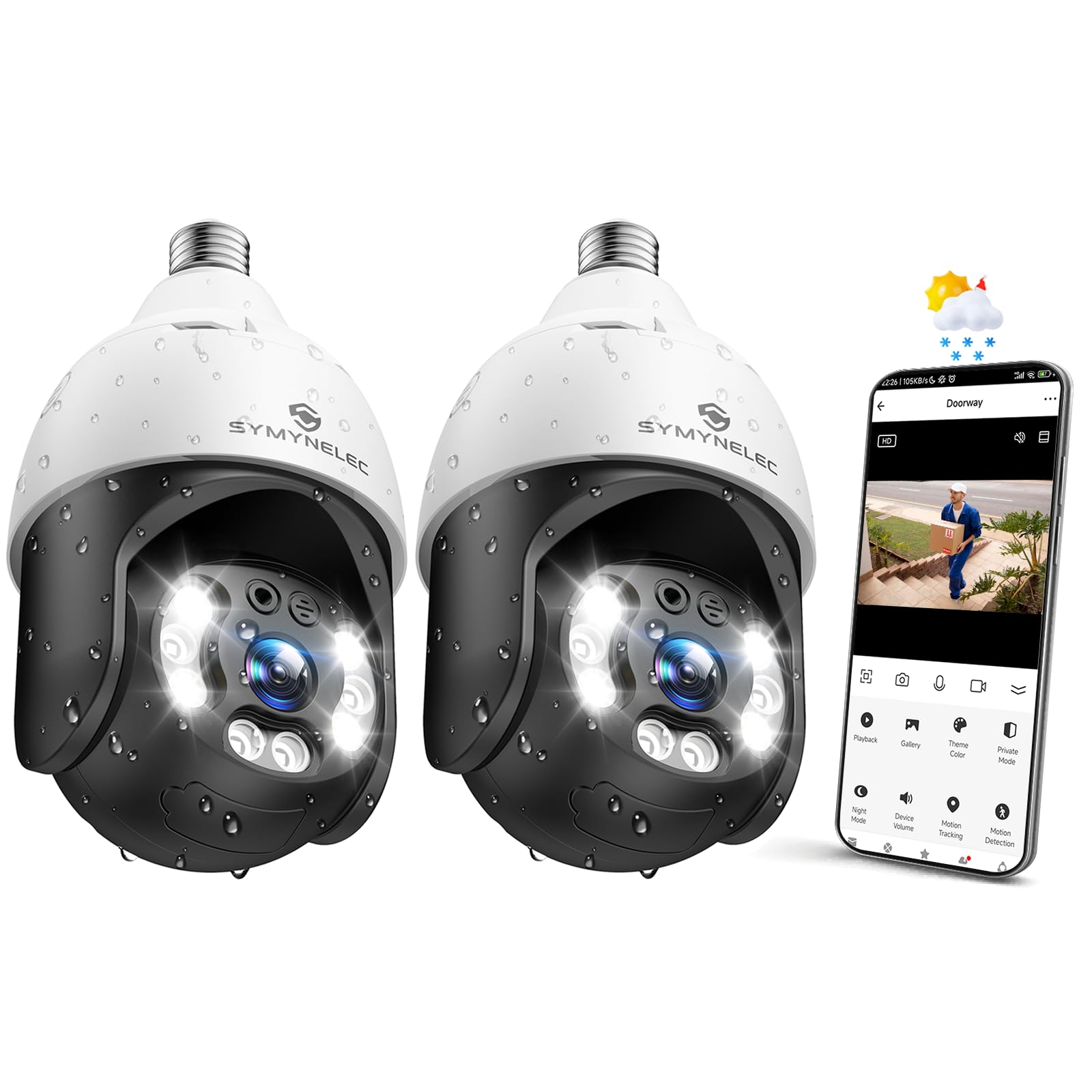 SYMYNELEC Light Bulb Security Camera Outdoor Waterproof 2.5K, 2.4GHz Wireless WiFi Light Socket Security Cam with AI Human Motion Detection Tracking Color Night Vision Works with Alexa Google (2 PCS)