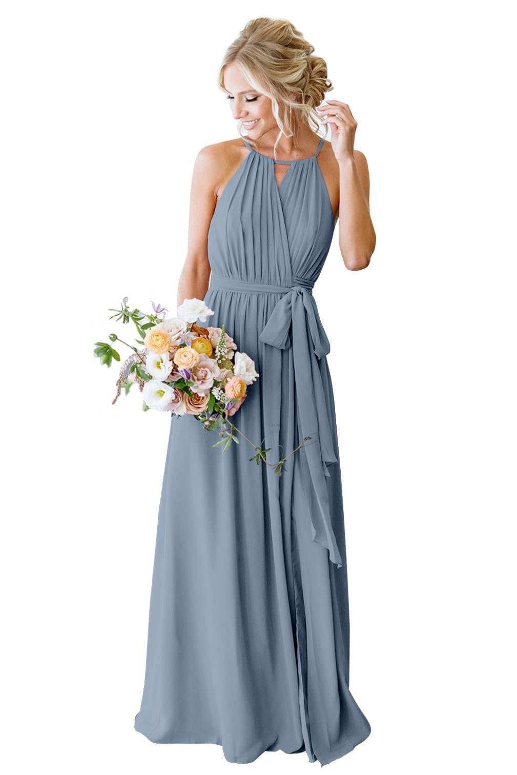 Half Sleeves Long Gown with Slit Dusty Blue main image 1