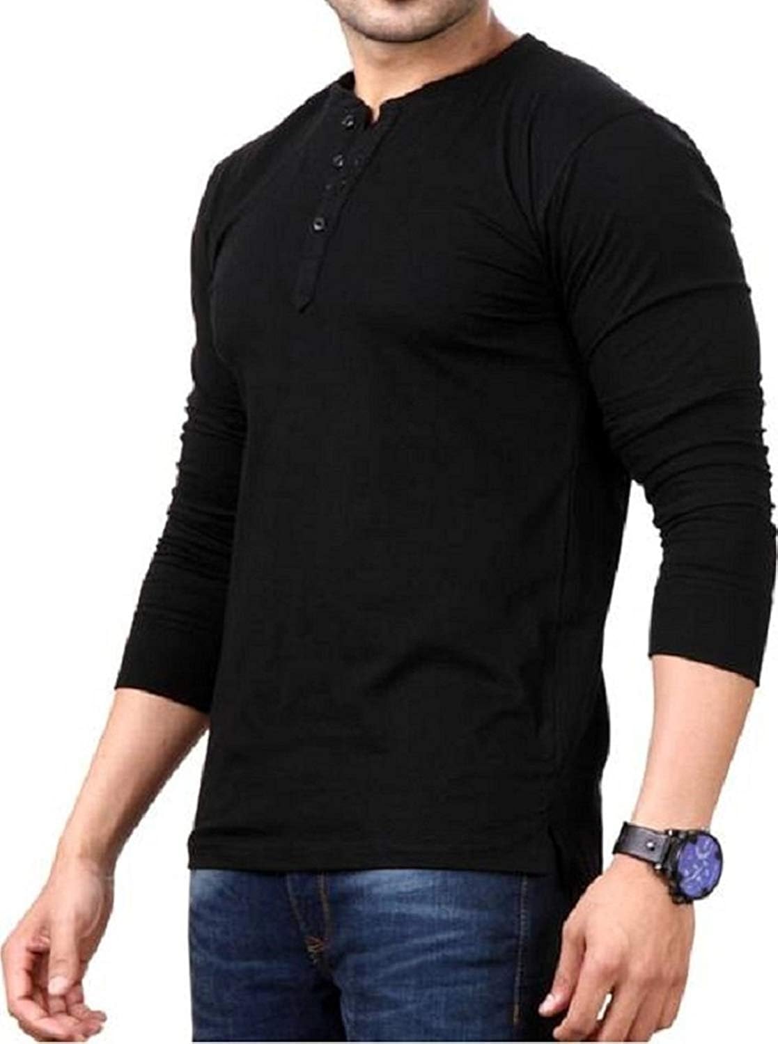 zembo_men's black cotton henley full sleeve t-shirt