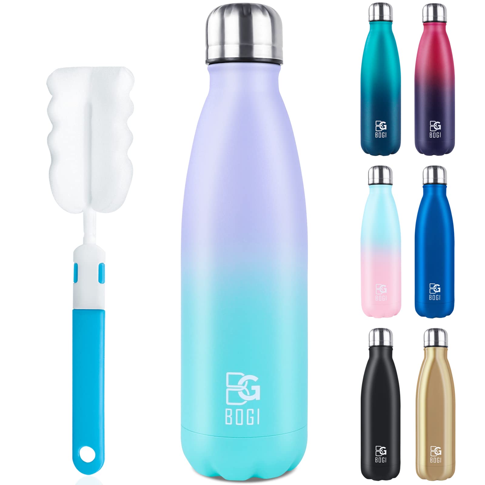 BOGI 750ml Insulated Metal Water Bottle Leak Proof Stainless Steel Water Bottle Keep Hot Cold Bike Gym Sports with Cleaning Brush Mint