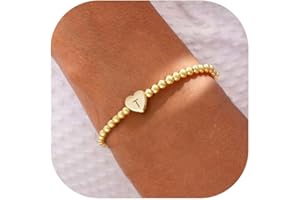 Thaivor Gold Bracelets for Women, 14K Gold Plated Heart Letter Beaded Bracelets Gold Initial Stretch Bead Bracelet Gold Jewelry Gifts