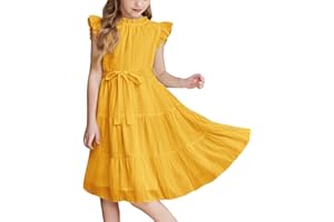Girls Ruffle Crew Neck Dress Summer Cute Bow Belt Short Sleeve Tiered Flowy A-Line Short Dress Kids Teens Casual