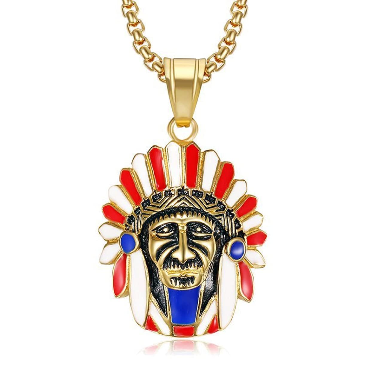MayiaHey Native American Indian Chief Head Necklace for Men, Stainless Steel Silver Indian Chief Head Necklace Gold Indian Chief Headdress Necklace (Gold)