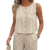 IDEALSANXUN Womens Crewneck Button Down Linen Tank Tops Spring Summer Sleeveless Shirts Blouse