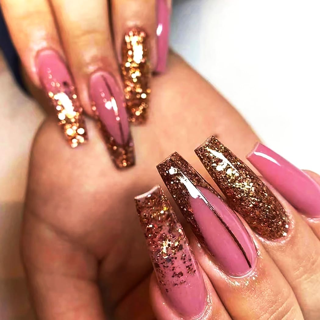 Brishow Gold Purple Long Press On Nails - Glitter Ballerina Acrylic Fake Nails for Carnival - 24pcs for Women and Girls