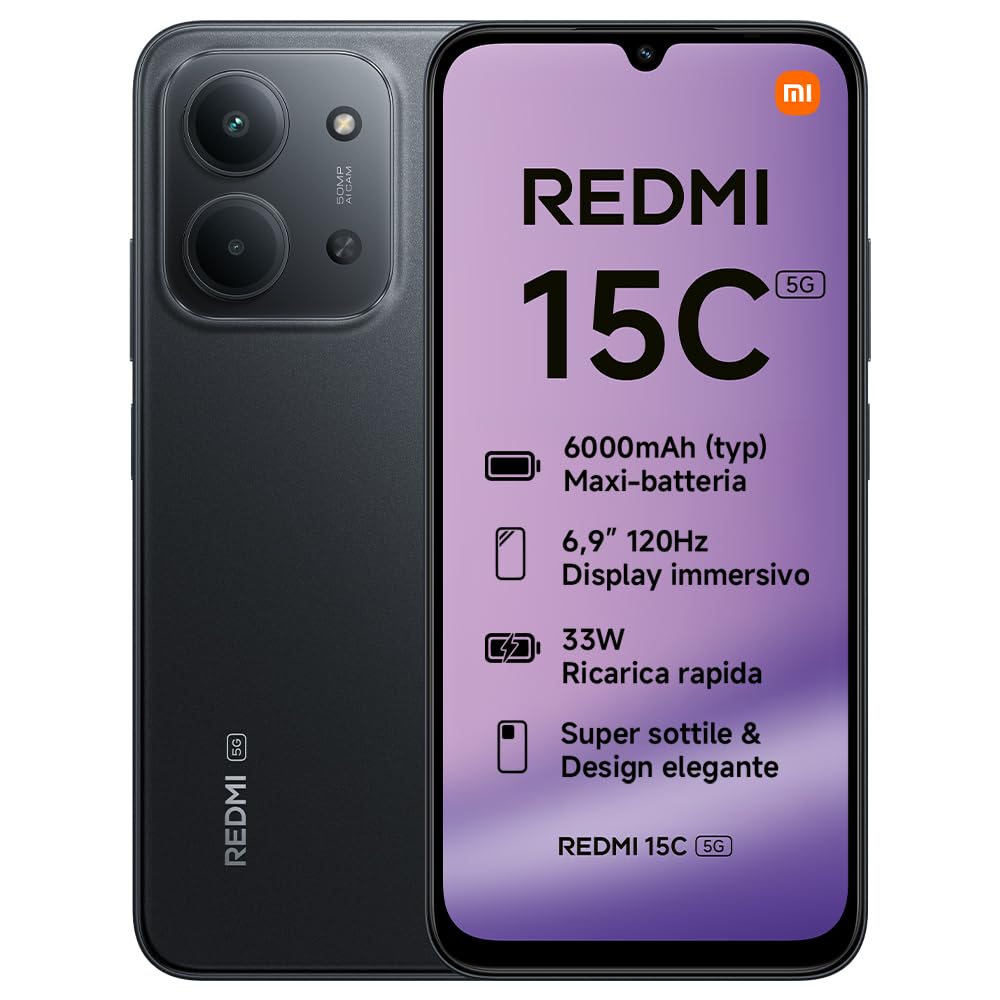 Xiaomi Redmi 15C 5G, Smartphone 4+256GB, Display 6,9" 120Hz, MediaTek Dimensity 6300, processore 5G, Dual camera AI 50MP, Mega batteria da 6000mAh, Garanzia 2 anni, Nero, Caricabatterie non incluso