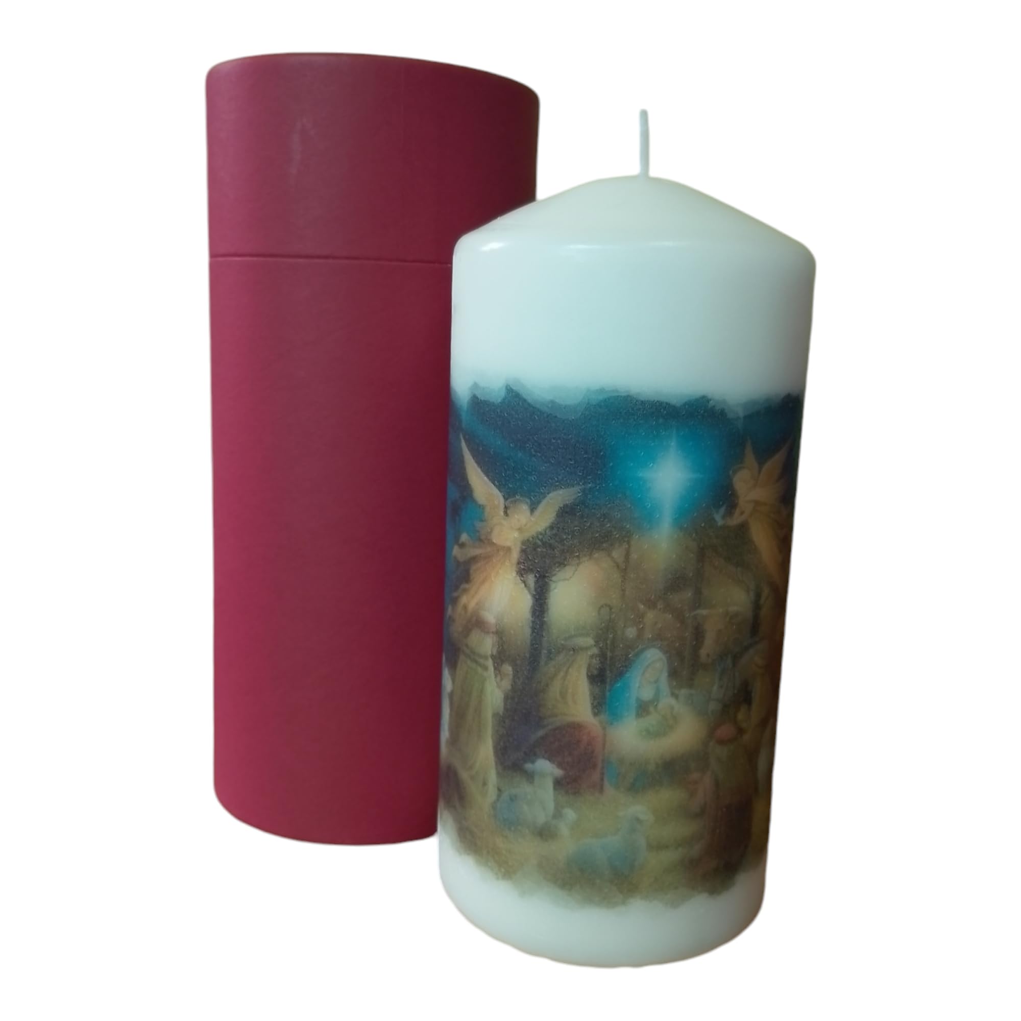 Pillar unscented Wax Candle A Timeless Tribute to The Birth of Christ - Blue -The Nativity Candle with Wine Red Gift Box Edition