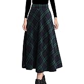 Tanming Women's Winter Warm Elastic Waist Wool Plaid A-Line Pleated Long Skirt