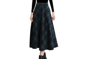 Tanming Women's Winter Warm Elastic Waist Wool Plaid A-Line Pleated Long Skirt